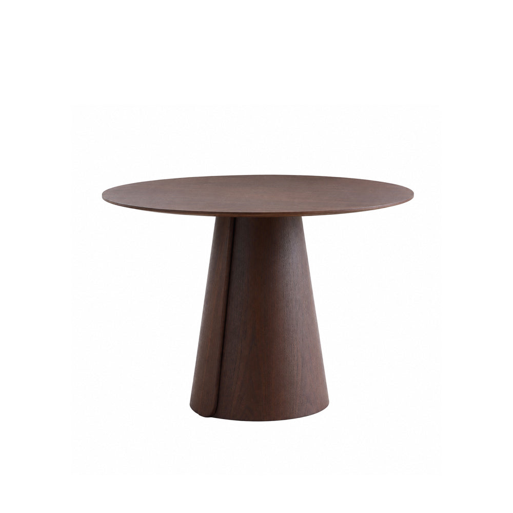 Modern Round Dining Table with Walnut Veneer Top & Travertine-Inspired Pedestal Base