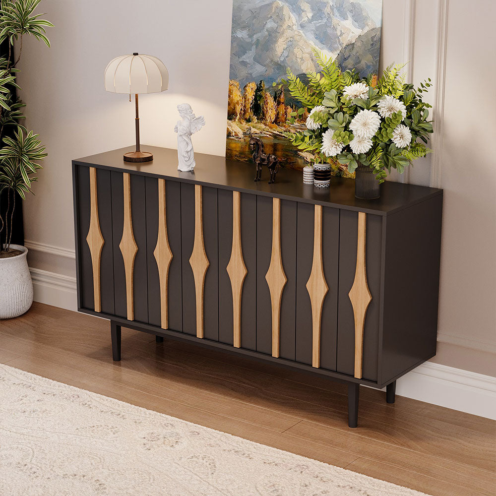 62.9'' Modern Black & Natural Wood Sideboard Cabinet with Decorative Slatted Doors