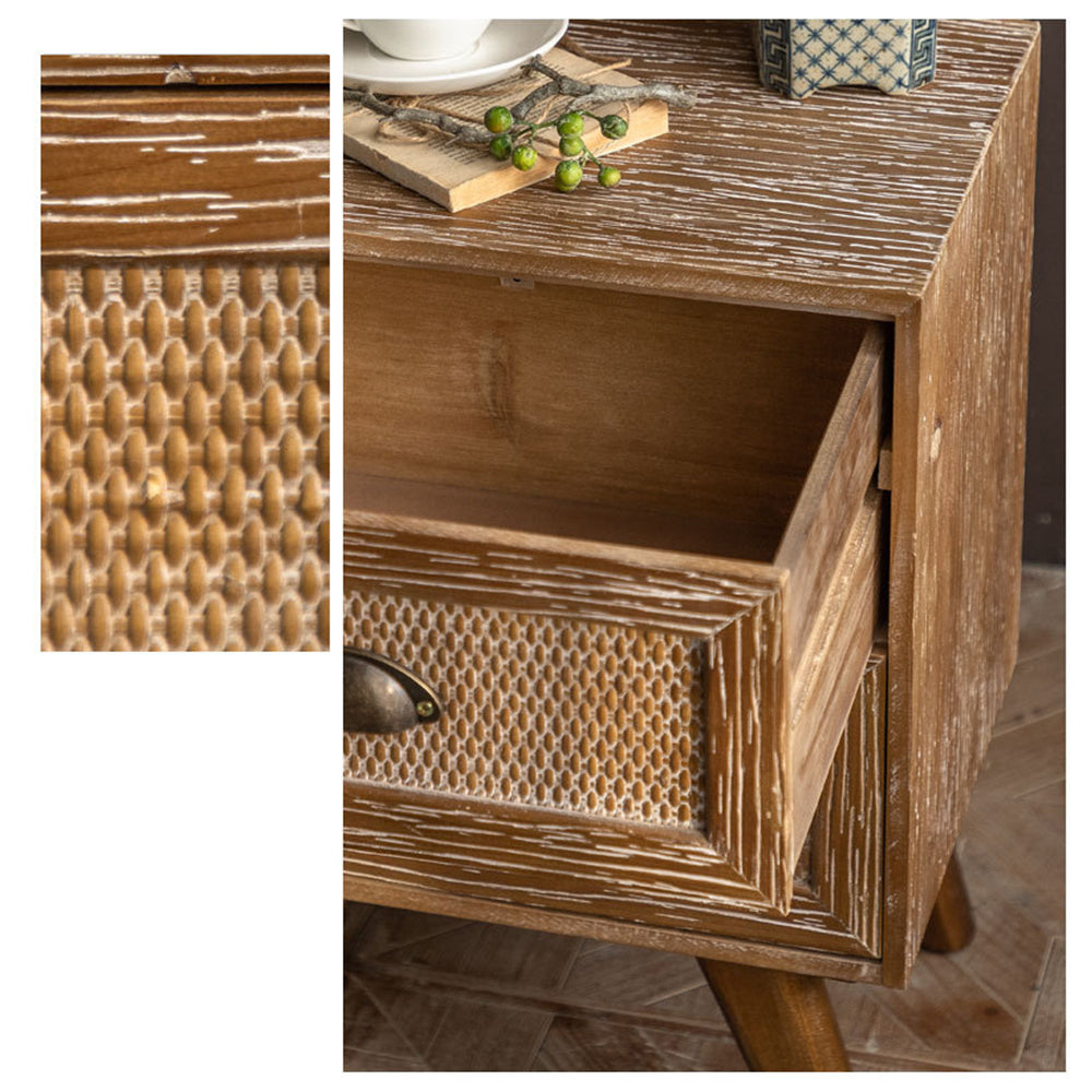 Vintage Distressed Wood Nightstand with Rattan Drawer Front Mid Century Bedside Table with Tapered Legs