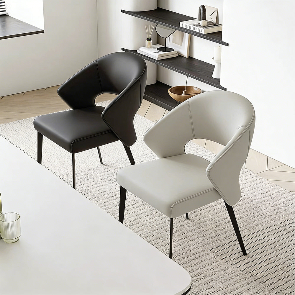 2PCS Modern Curved Upholstered Dining Chair Leather Accent Armchair with Black Metal Legs