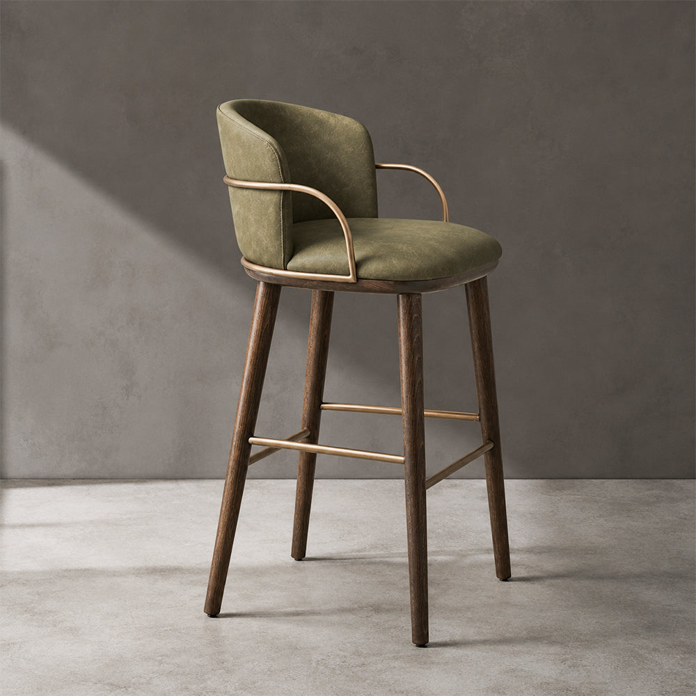 Modern Upholstered Bar Stool with Curved Backrest Gold Arm Detail Wooden Legs Counter Chair 1 Piece