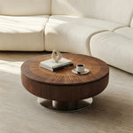 Load image into Gallery viewer, Modern Round Walnut Coffee Table Radial Veneer Design Metal Base

