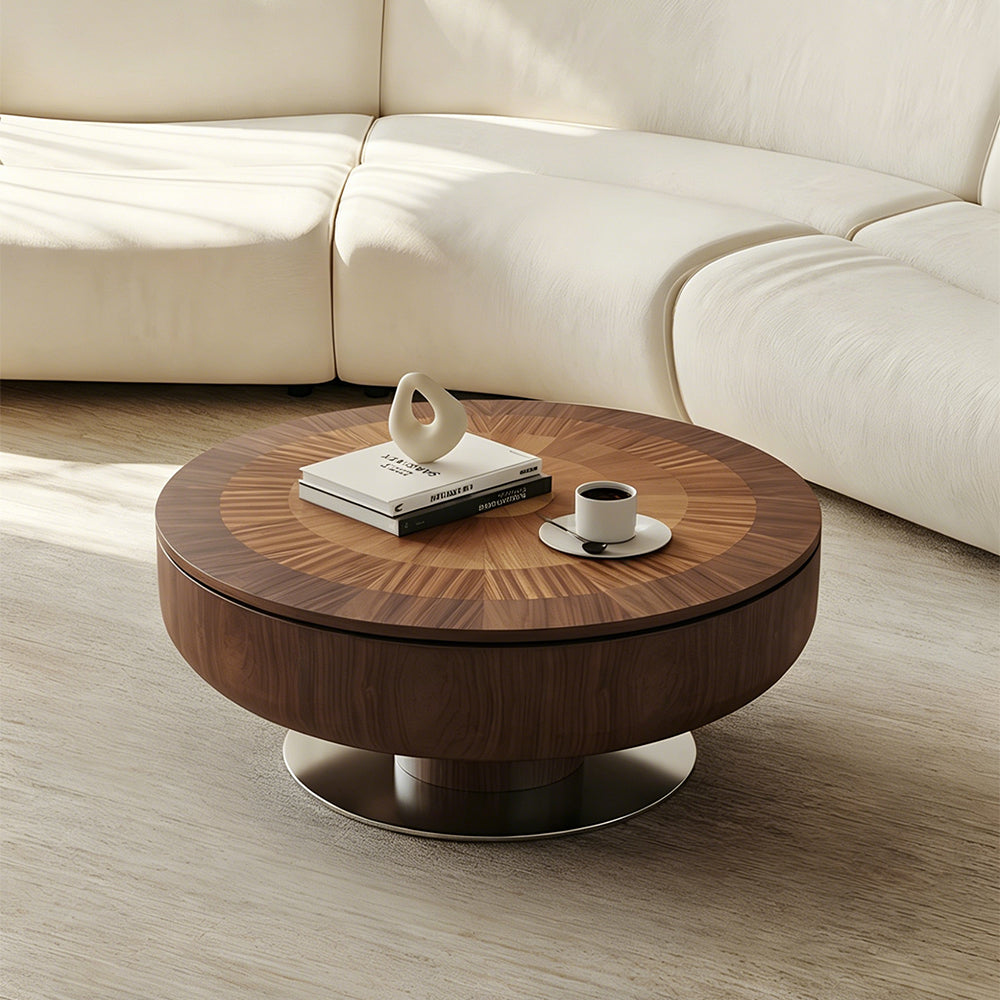 Modern Round Walnut Coffee Table Radial Veneer Design Metal Base