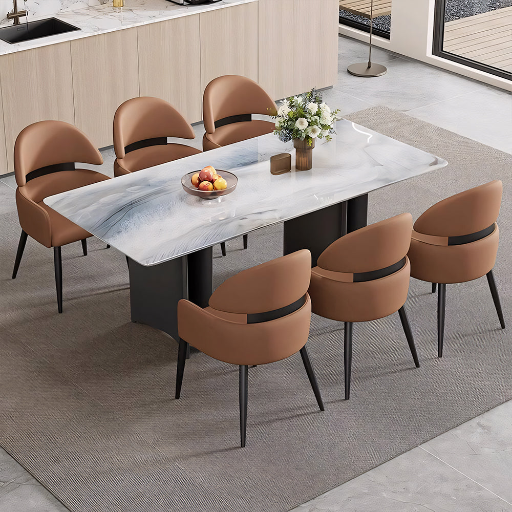 Set of 2 Modern Faux Leather Dining Chair with Curved Backrest Upholstered Seat Carbon Steel Legs Minimalist Dining Room Chair