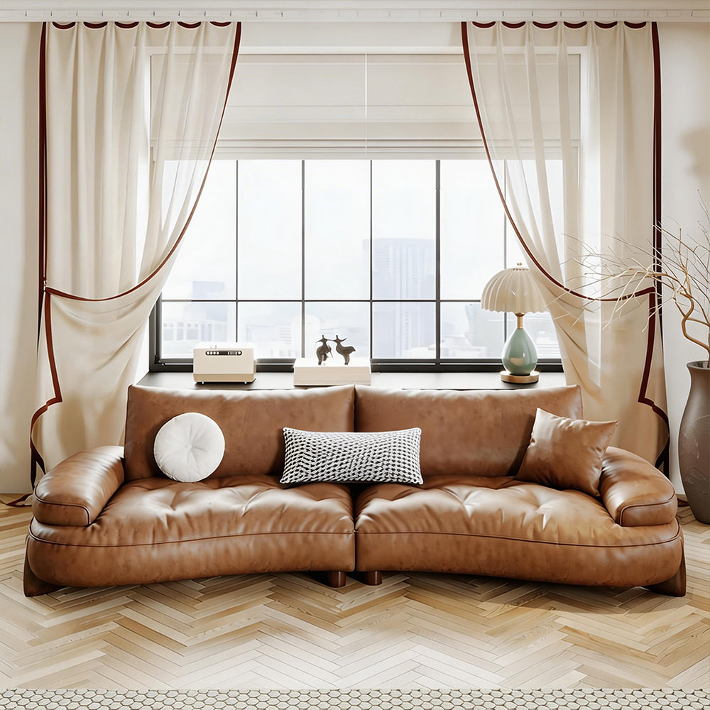 Modern Curved Leather Sofa Camel Upholstery Low Profile Contemporary Lounge Design