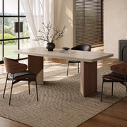 Rectangular Dining Table with Travertine-Look Sintered Stone Top and Fluted Oak Base