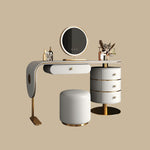 Load image into Gallery viewer, 47.2'' Modern Luxury Vanity Desk with Round Mirror Cream Finish Makeup Table with Storage Drawers and Gold Base with Stool
