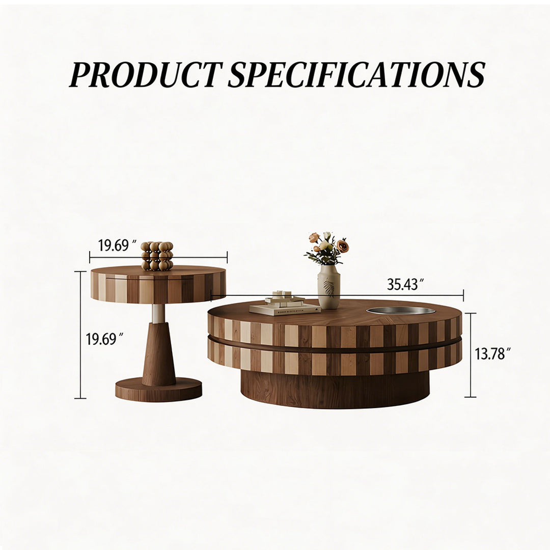 Modern Round Walnut Coffee Table Set Rotating Design Storage Drawer Stainless Steel Tray