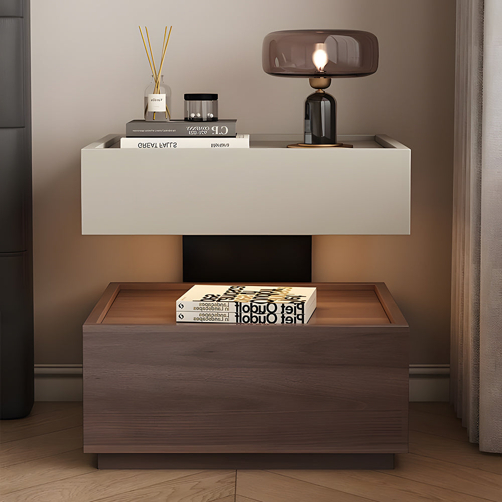 Modern Two Tier Bedside Table with Drawer Tray Top Nightstand Wood Storage Bedside Cabinet