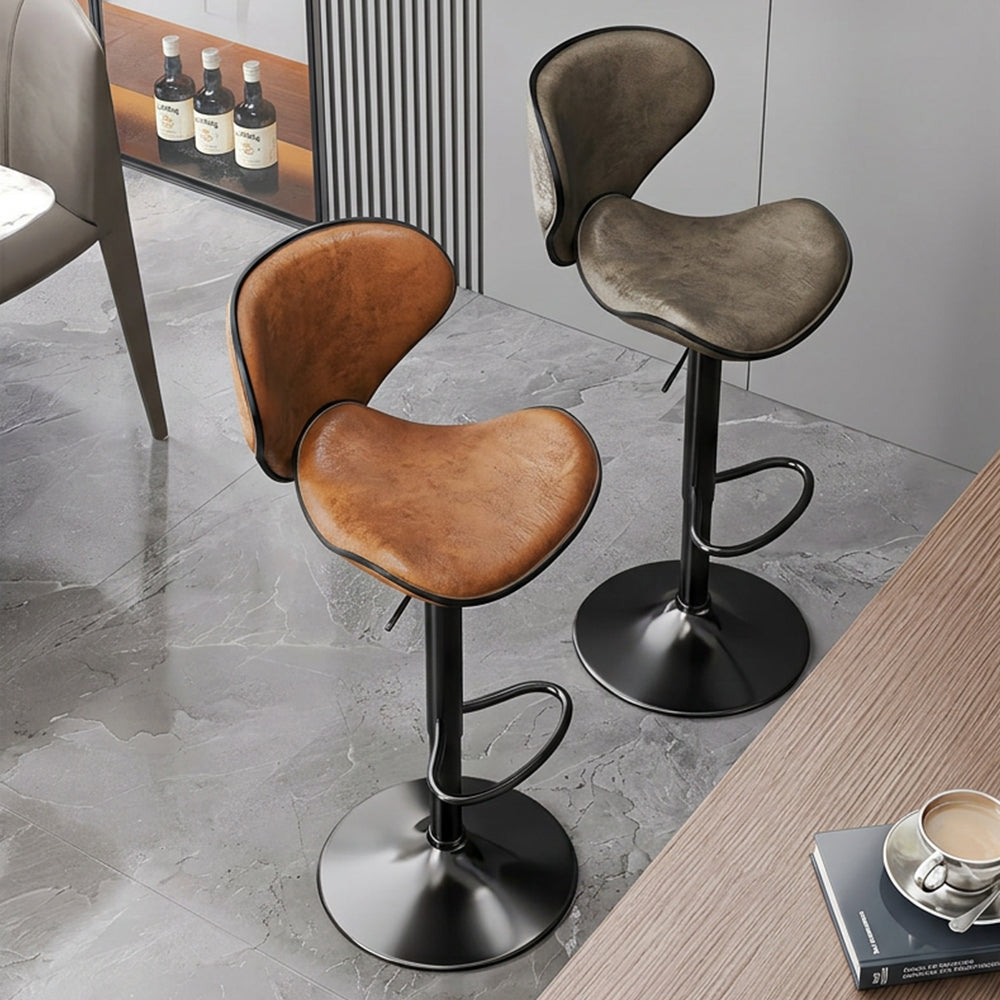 Modern Adjustable Swivel Bar Stool Brown Faux Leather Seat Black Metal Base Counter Height Bar Chair 1 Piece