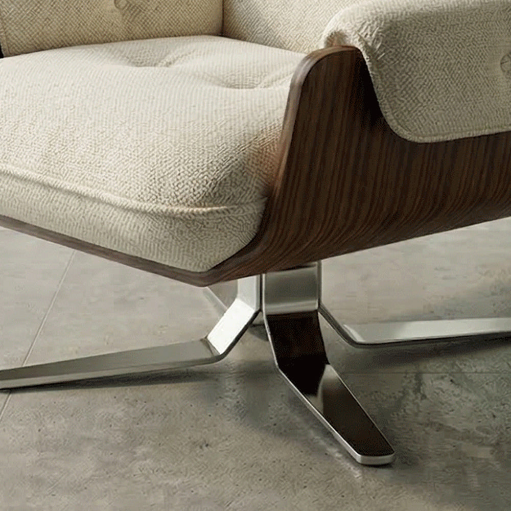 Cream Tufted Fabric Swivel Lounge Chair with Walnut Frame