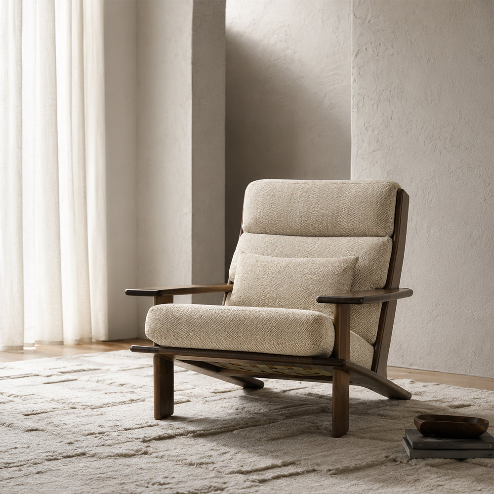 Relaxed Natural Wood & Beige Fabric Accent Chair for Sunrooms