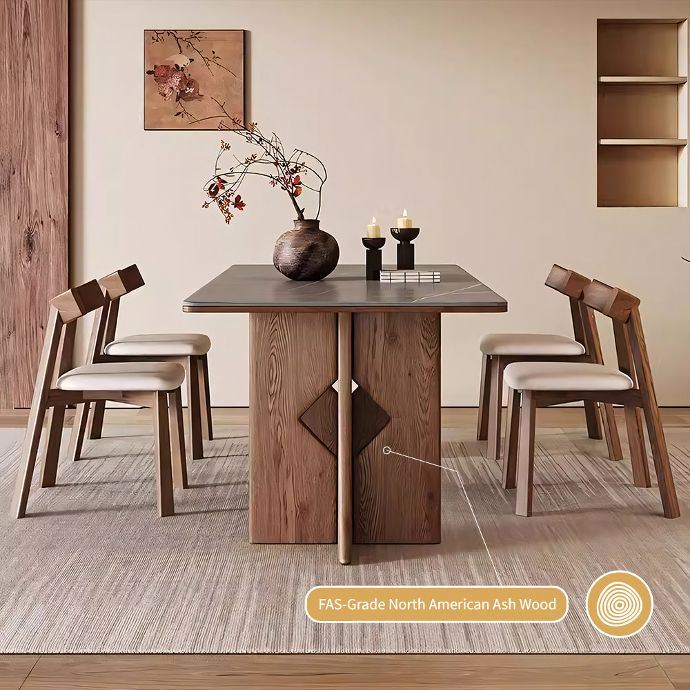 Dining Table Stone-Look Ceramic Top Solid Wood Base Modern Minimalist Design