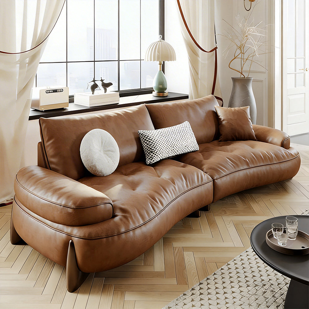 Modern Curved Leather Sofa Camel Upholstery Low Profile Contemporary Lounge Design