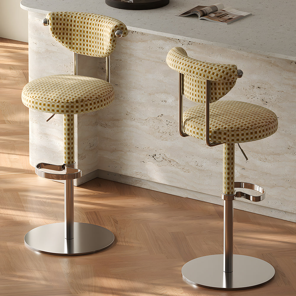 1 Piece Modern Adjustable Bar Stool with Geometric Woven Velvet Upholstery and Stainless Steel Base