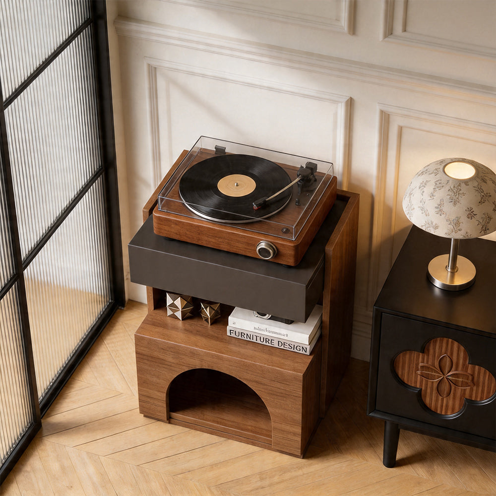 Modern Nightstand with Drawer and Open Shelf Wooden Bedside Table with Built-in Pet House Contemporary Storage Cabinet