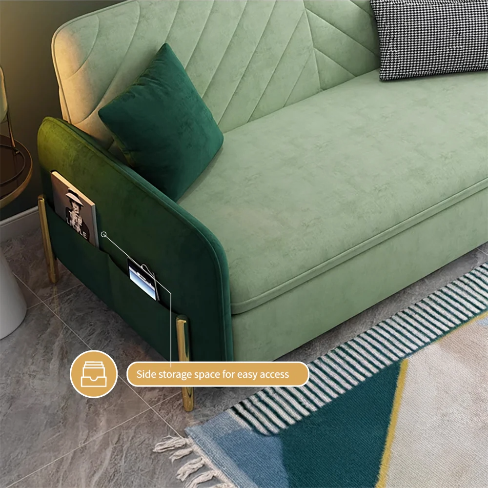 Modern Velvet Convertible Sofa Bed with Hidden Storage & Metal Frame