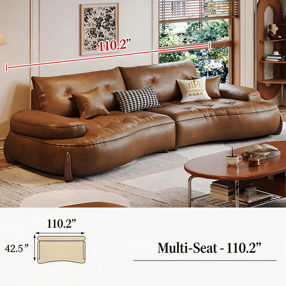 Modern Curved Leather Sofa Camel Upholstery Low Profile Contemporary Lounge Design