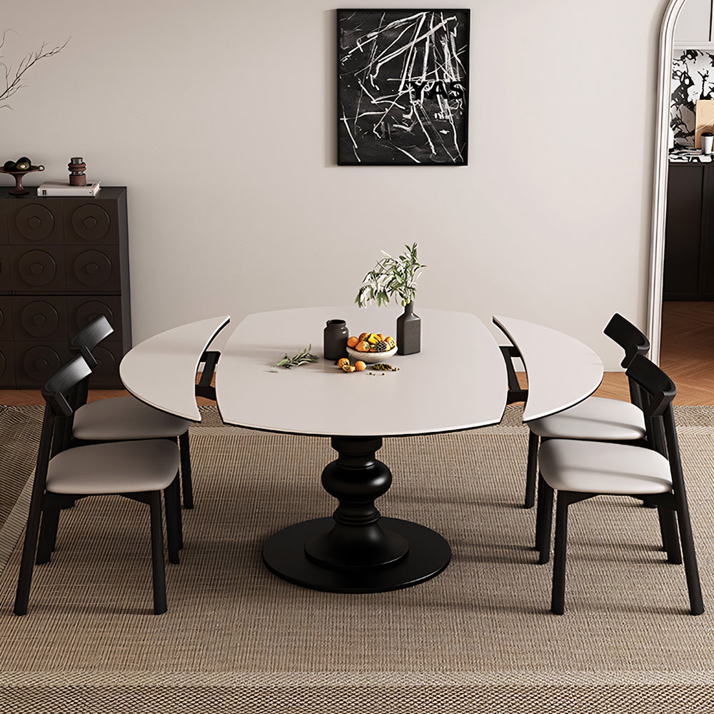 Extendable Round Dining Table Solid Wood Base Sintered Stone Top Convertible Oval Table Space Saving Expandable Dining Table
