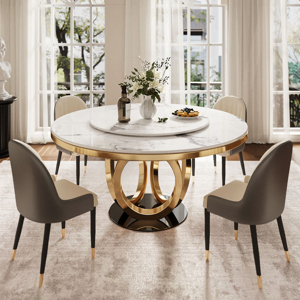 Round Dining Table Lazy Susan Marble Effect Ring Base Gold Accents Perfect for 4-6 People
