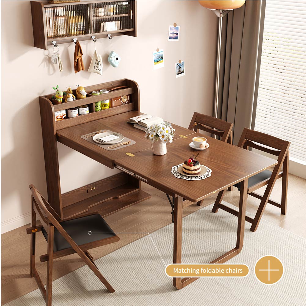 62" Wall-Side Murphy Foldable Dining Table with Integrated Shelf Storage