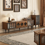 Load image into Gallery viewer, Mid cenrury Tv stand in a living room setting with decorative items and wall art.

