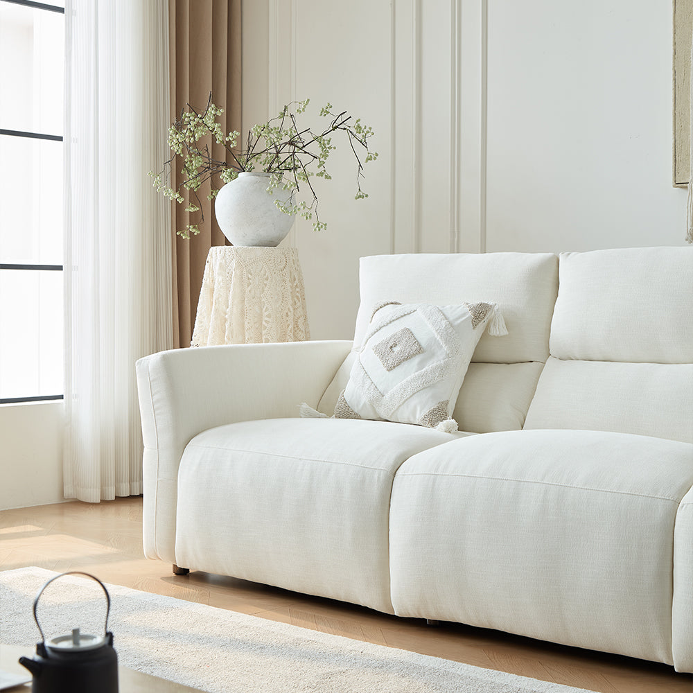 106.2'' Modern Electric Reclining Sofa Cream Fabric Power Sofa with Adjustable Footrest and Wide Armrests