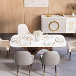 Load image into Gallery viewer, Modern Luxury Dining Set Sculptural Wood &amp; Marble-Effect Table × White-and-Gold Buffet Cabinet
