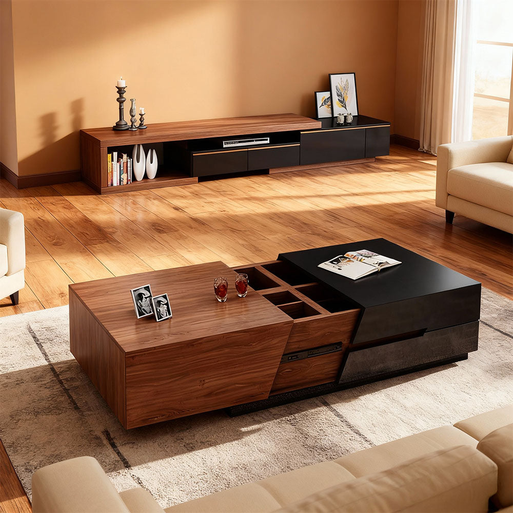 Modern Walnut & Black Extendable Coffee Table Expandable Design with Large-Capacity Storage
