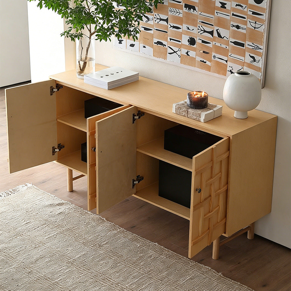 63" Modern Geometric Solid Wood Sideboard Storage Cabinet with Sculptural Door Design