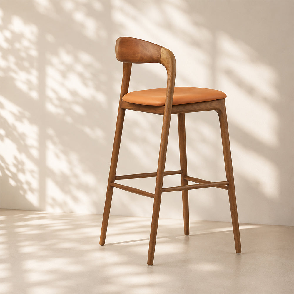 Modern Solid Wood Bar Stool with Curved Backrest Upholstered Counter Chair 1 Piece