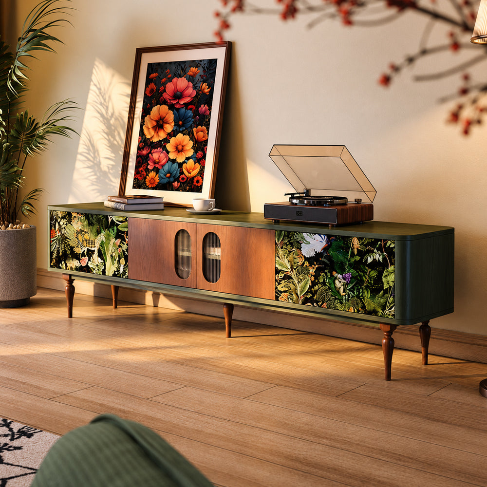 82.6" Jungle Print Mid Century Wood TV Stand