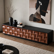 86.6'' Geometric 3D Pattern Walnut TV Stand Cabinet With Drawers