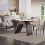 Load and play video in Gallery viewer, Modern Dining Table with Marble-Like Stone Top and Sculptural Wooden Base
