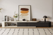 Retractable TV stand with adjustable length in a modern living room setup